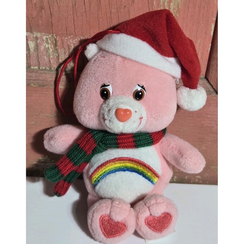VTG Care Bears Cheer‎ Bear Christmas Hat Scarf  5" Plush Ornament Rainbow 2004